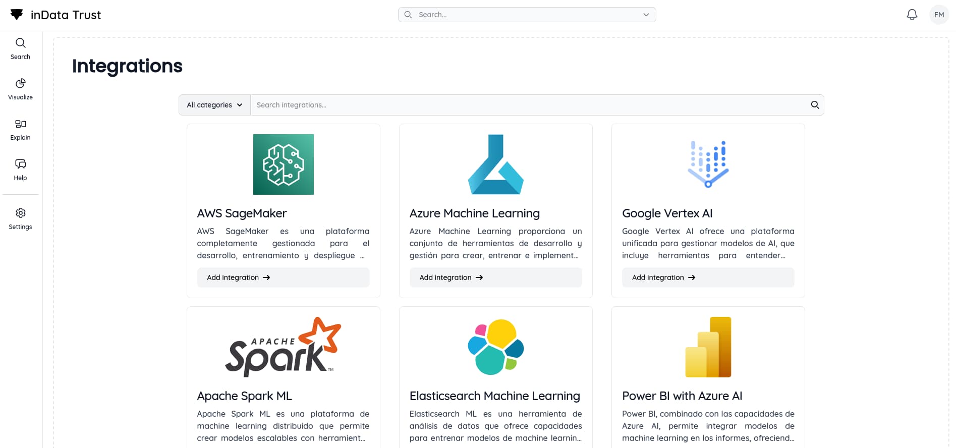 Integración con inData Trust Screenshot which show different integrations with inData Trust